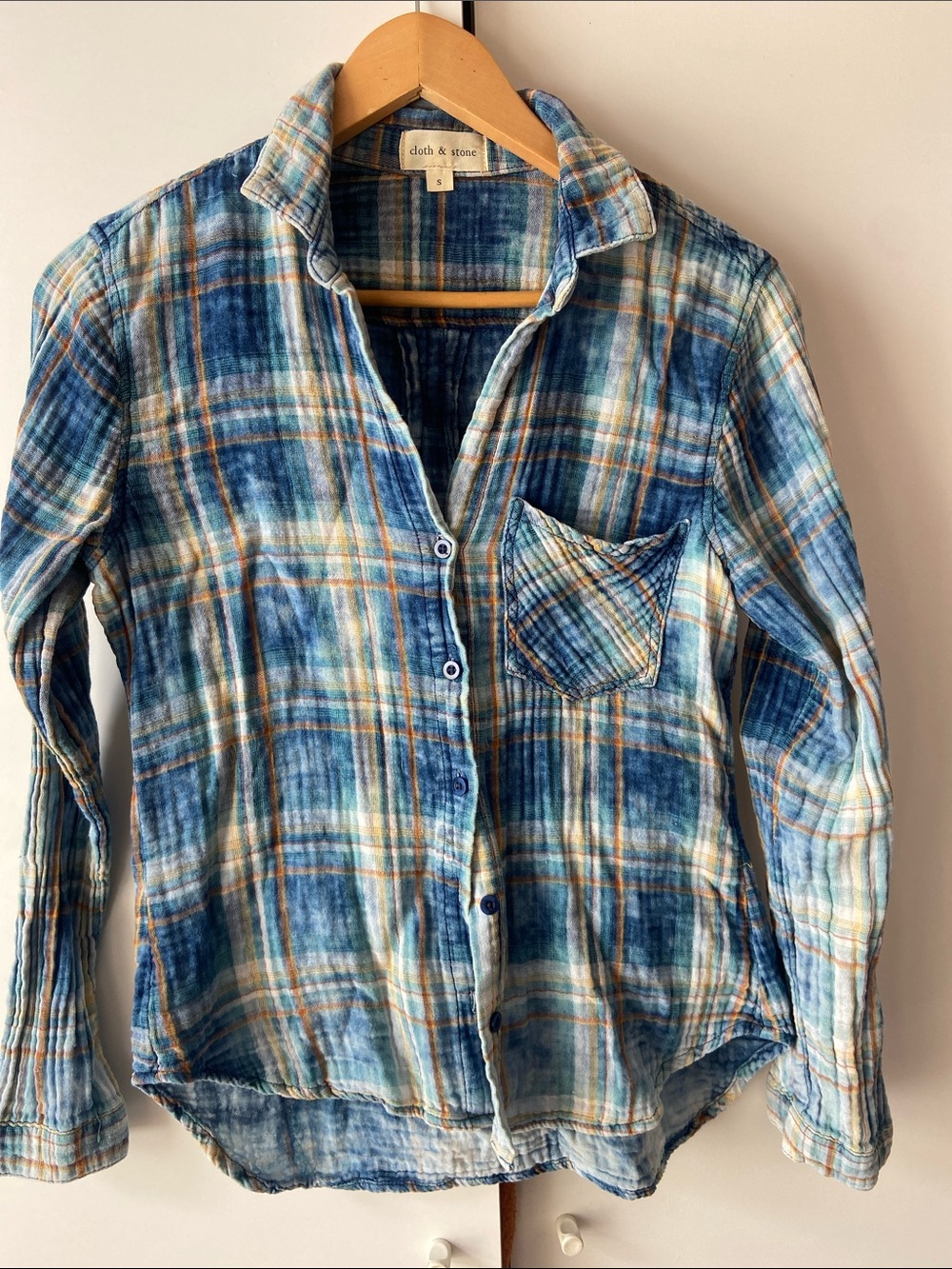 cloth & stone Blue and White Plaid Button-Down Shirt with Subtle Tan Accents